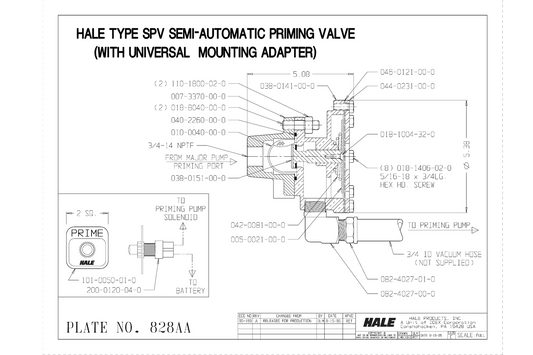 Hale ESP Primer Parts,  SPV Universal Mount Priming Valve Assembly, 538-1580-10-0