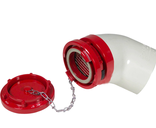 DHS 6" PVC Storz Dry Hydrant Adapter W/ Cap & 45 Degree PVC Elbow