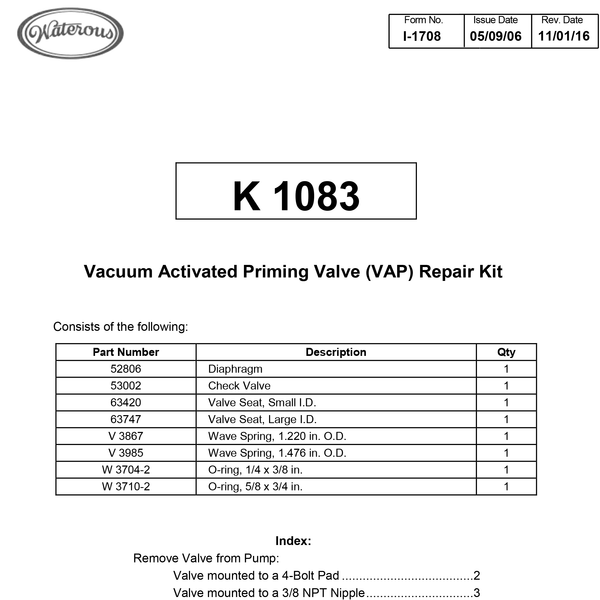 Waterous Venturis Air Primer, Priming Valve Repair Kit, Q8, K1083