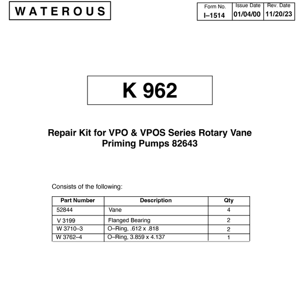 Waterous VPO Primer, Primer Vanes Repair Kit , K35, K962
