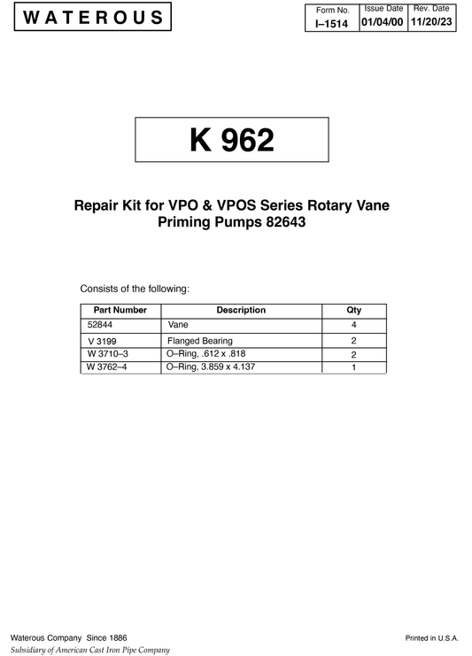 Waterous VPO Primer, Primer Vanes Repair Kit , K35, K962