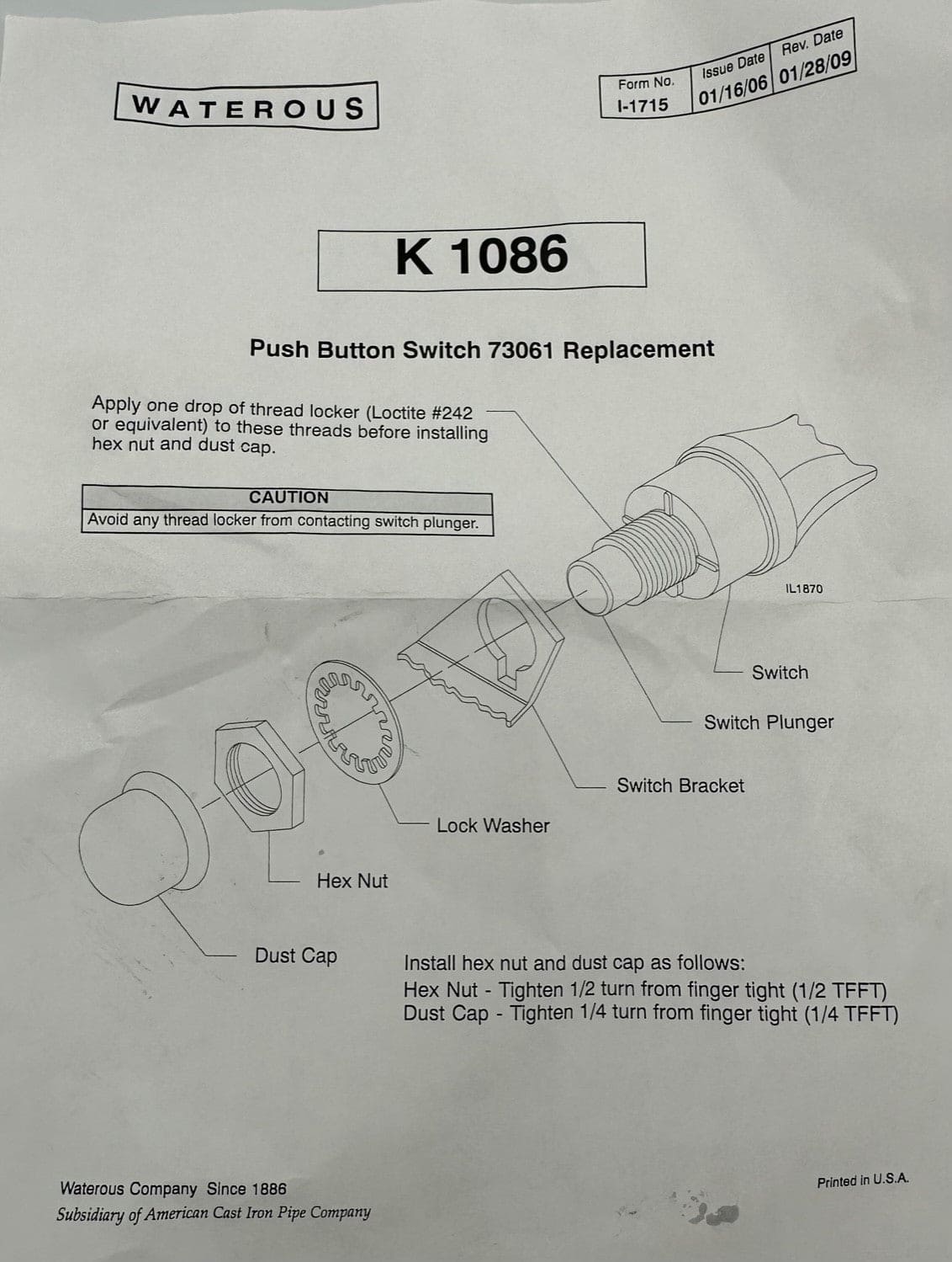 Waterous, Push Button Switch 73061 Replacement, K1086 – ResQstore
